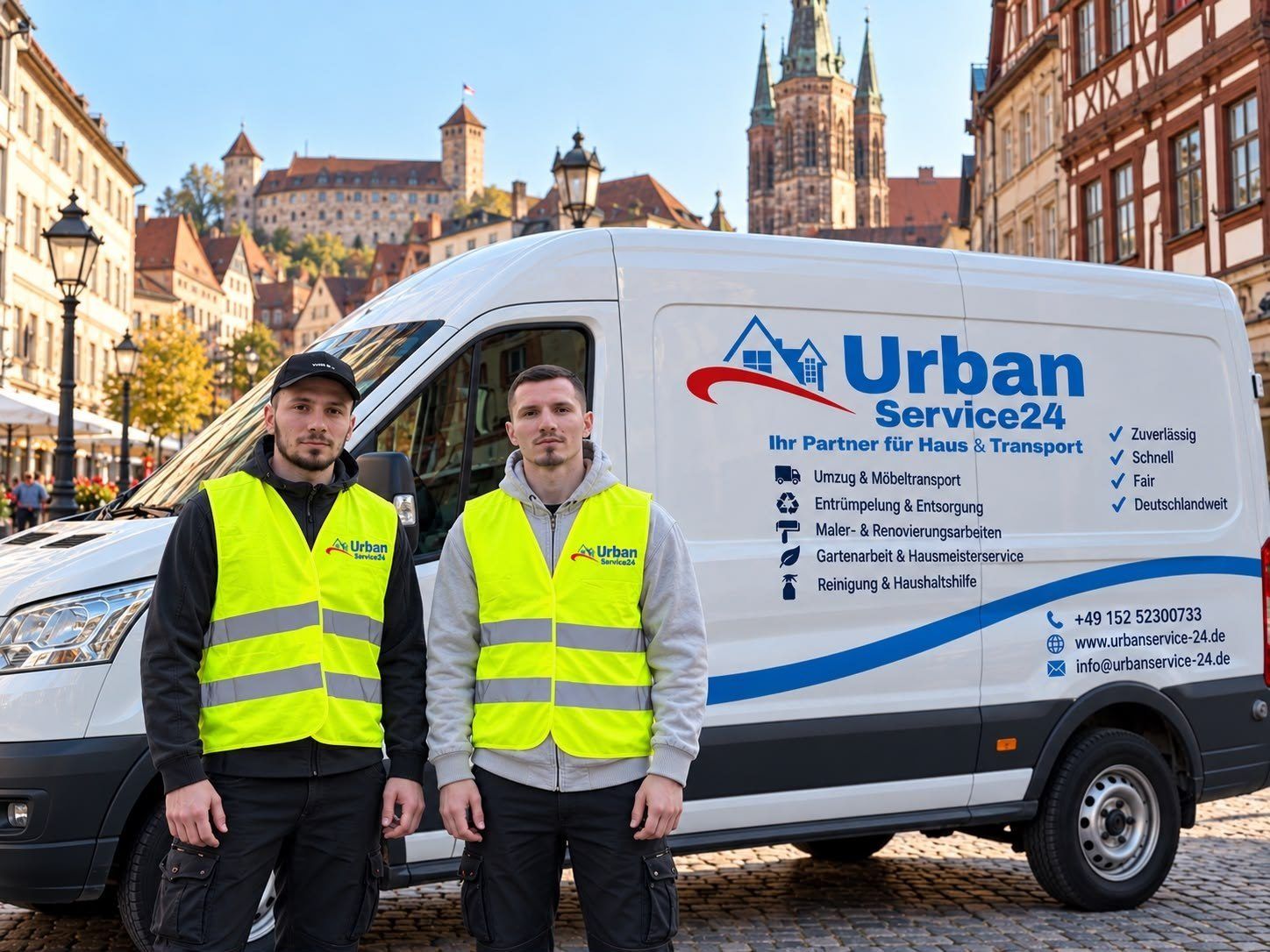 Das Team von Urban Service 24 mit dem Firmenfahrzeug in der Nürnberger Altstadt